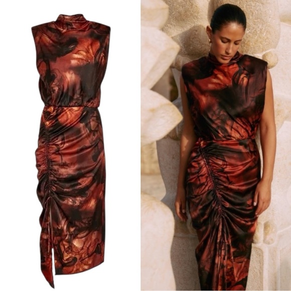 All Saints Isa Midi Dress - Sleeveless Silk Deep Rust Red Claudia Print - Size 2 - Picture 1 of 14